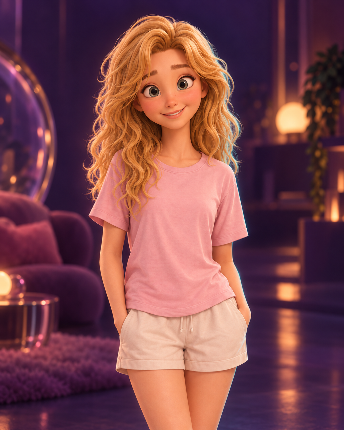 Ellie, warm and curious, in her pink shirt.