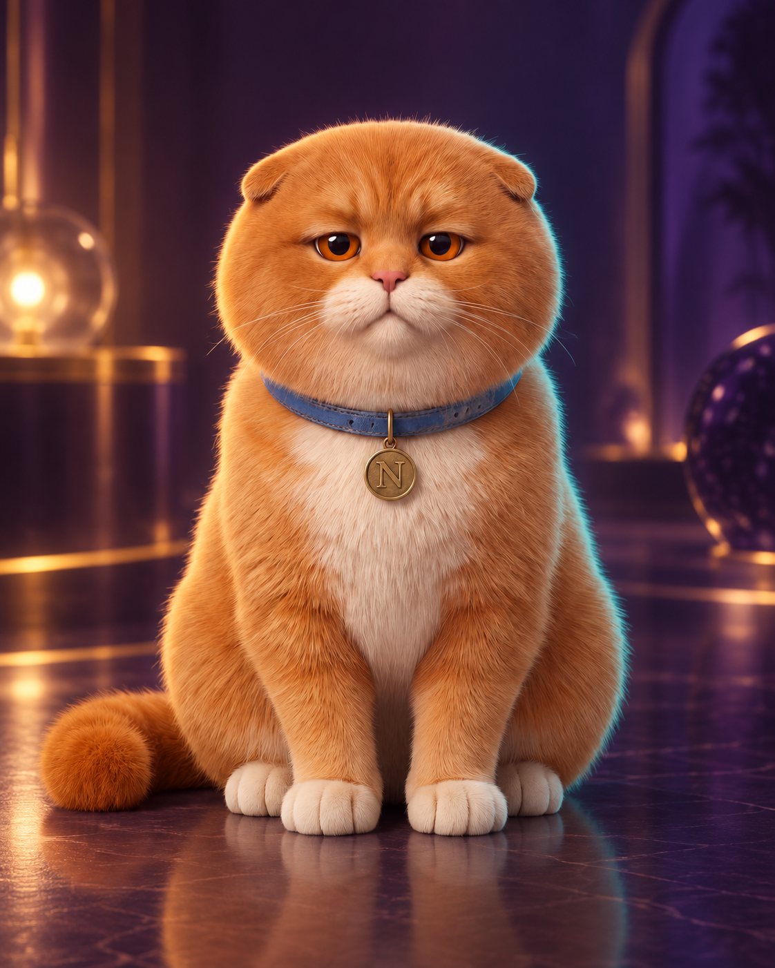Niko, an orange Scottish Fold with a blue collar and a deeply unimpressed expression.