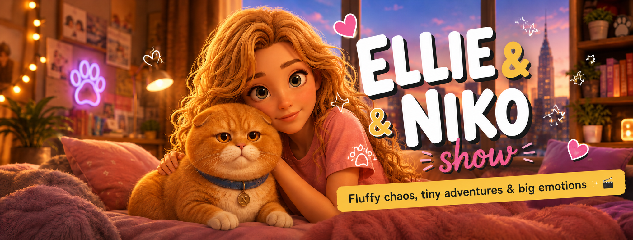 Ellie hugs Niko in their cozy room at sunset.