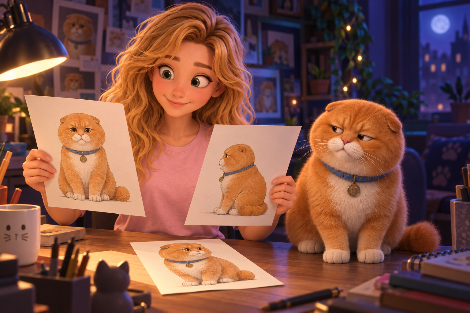 Ellie compares drawings of Niko from different angles while he watches.