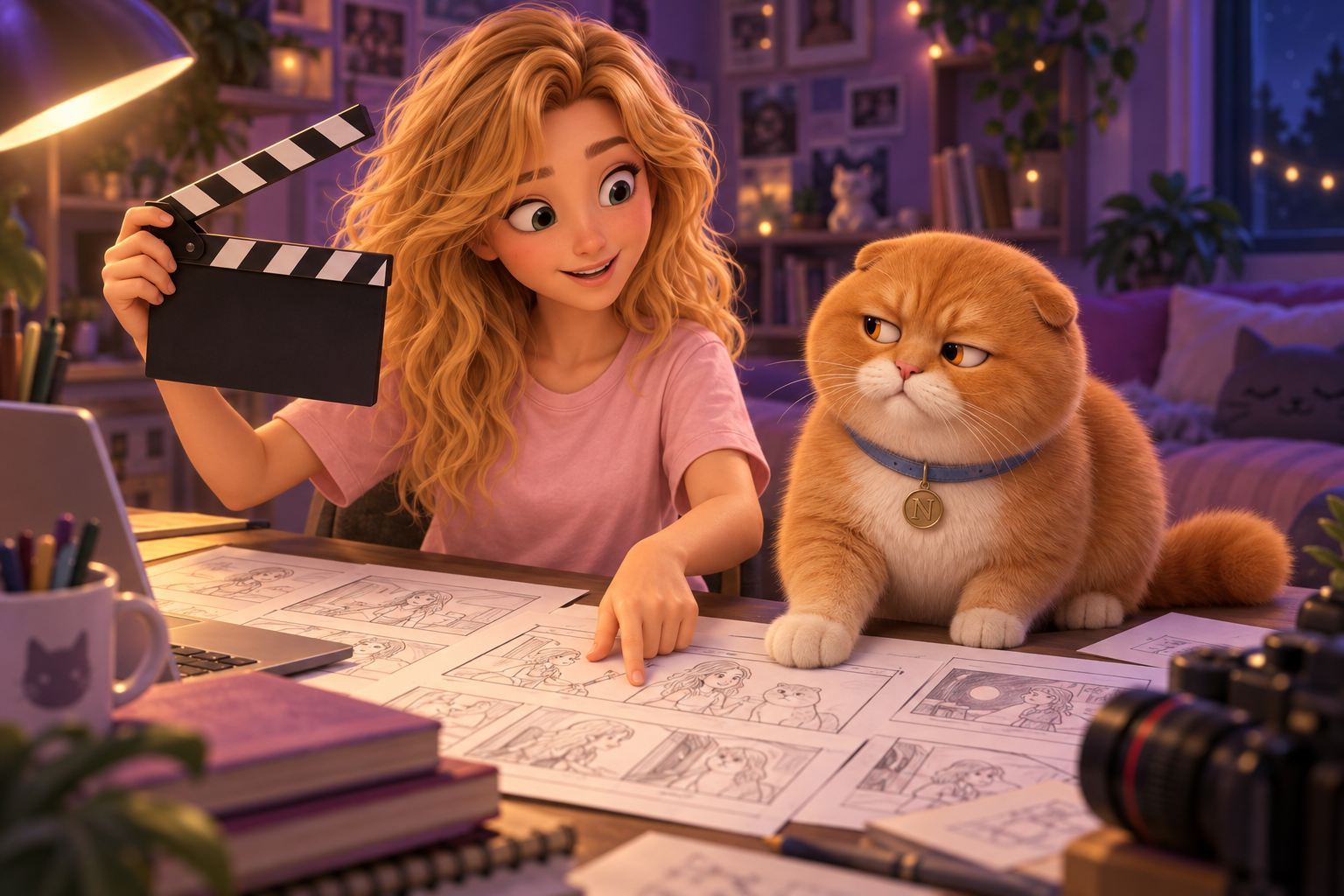 Ellie holds a clapperboard and points to a storyboard while Niko rests a paw on the paper and looks sideways.