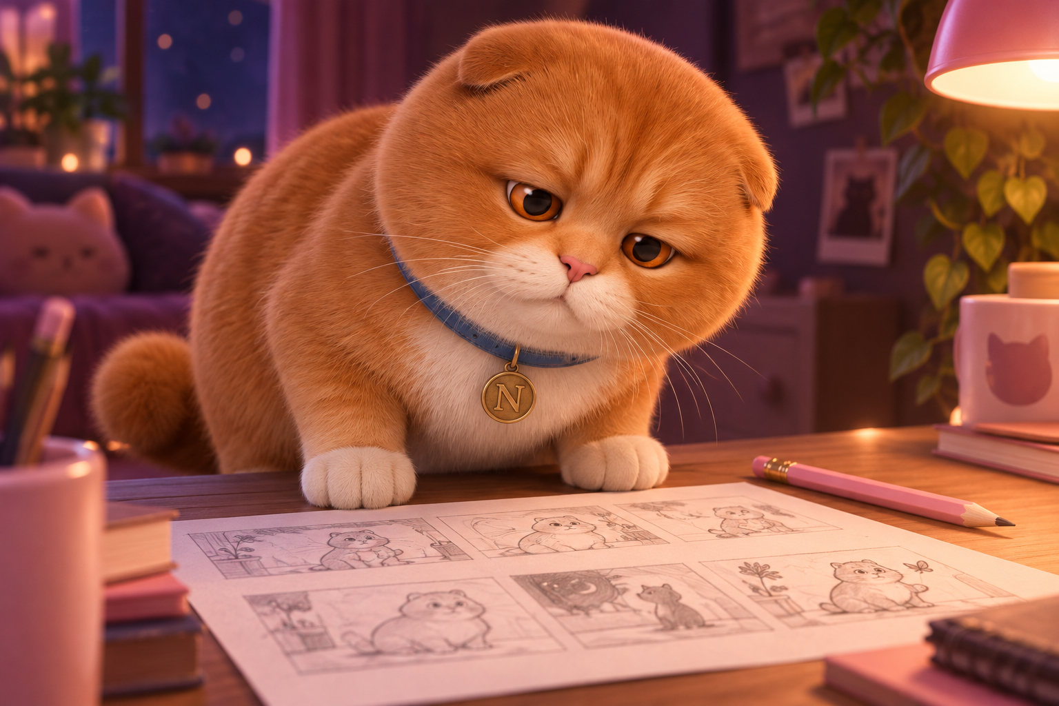 Niko leans over a storyboard sheet with a curious, skeptical look, beside a pink pencil.